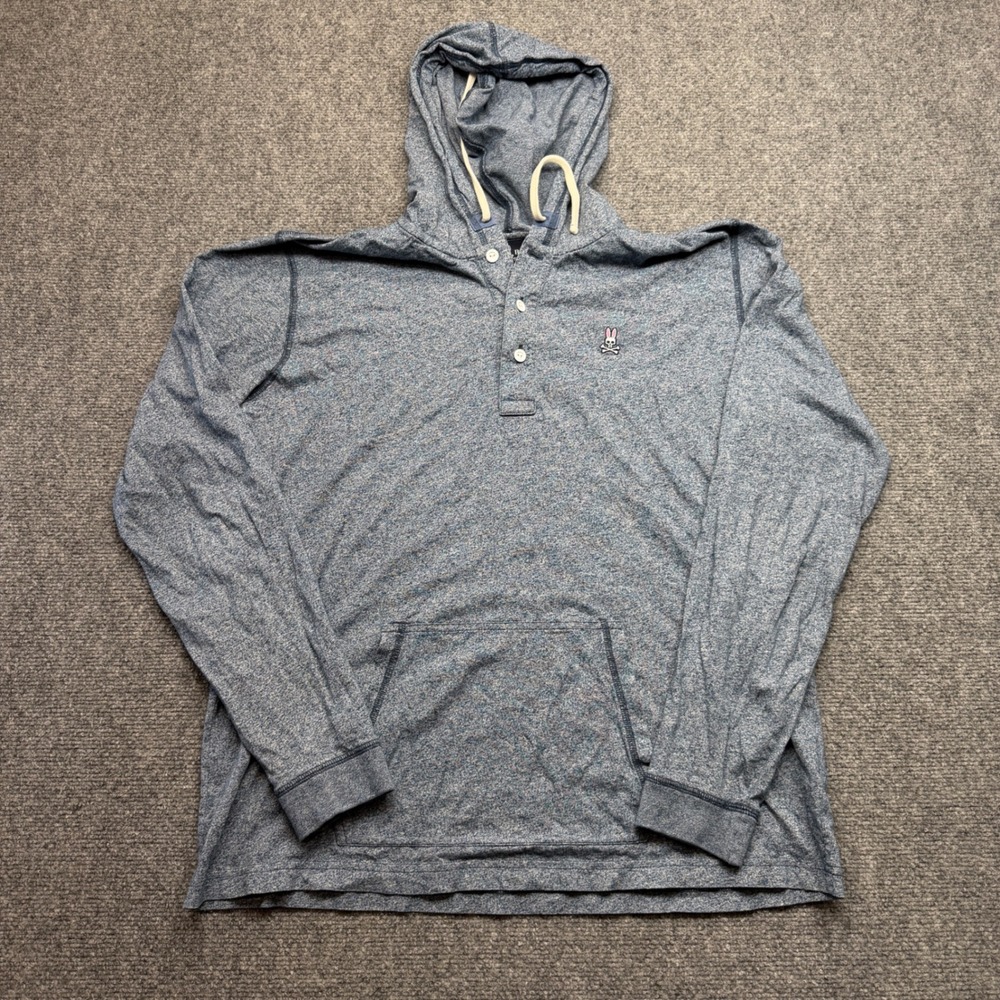 Psycho Bunny Mens Blue Heathered Henley Hoodie Size 6 Large XL Logo